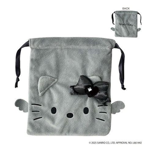 『HELLO KITTY BLACK ANGEL』ハローキティ フェイス巾着 グレー【202510再販】